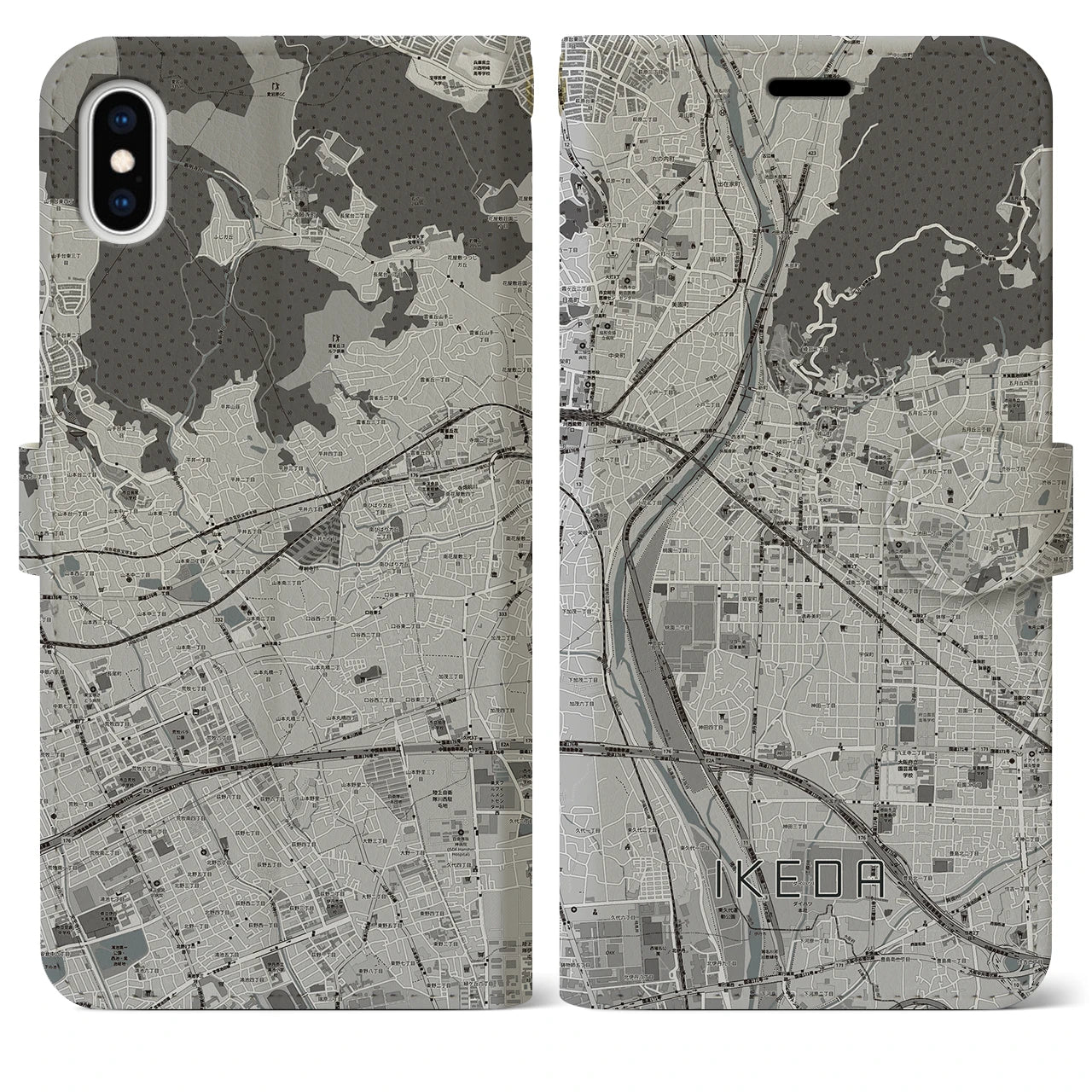 【池田（大阪府）】地図柄iPhoneケース（手帳タイプ）モノトーン・iPhone XS Max 用