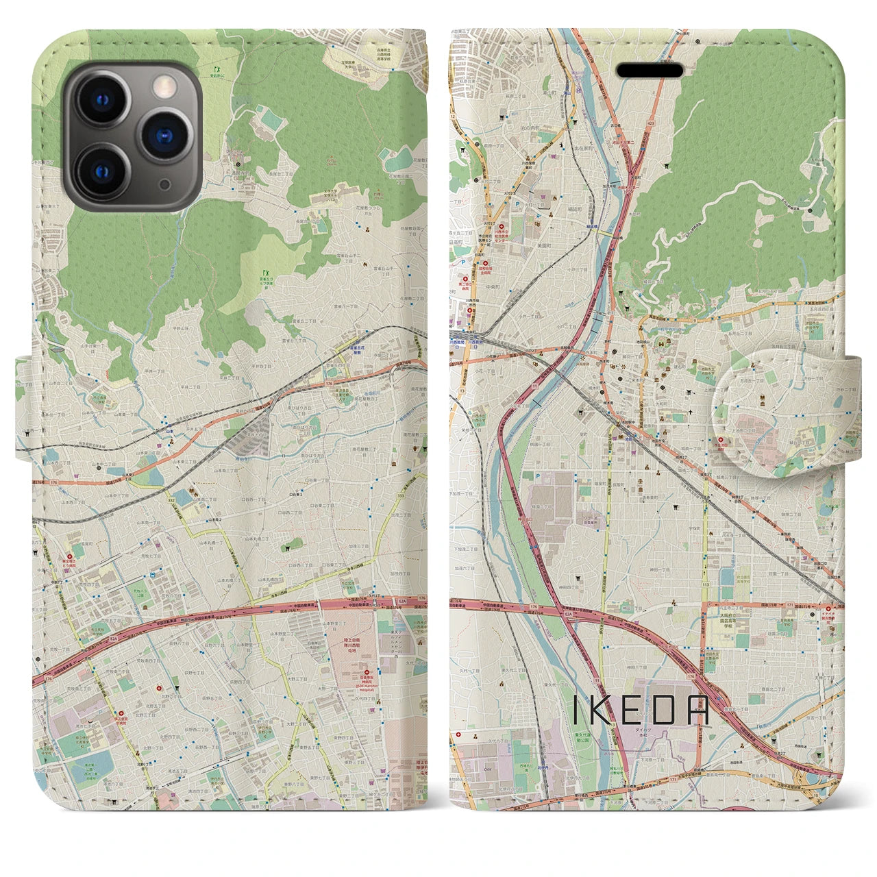 【池田（大阪府）】地図柄iPhoneケース（手帳タイプ）ナチュラル・iPhone 11 Pro Max 用