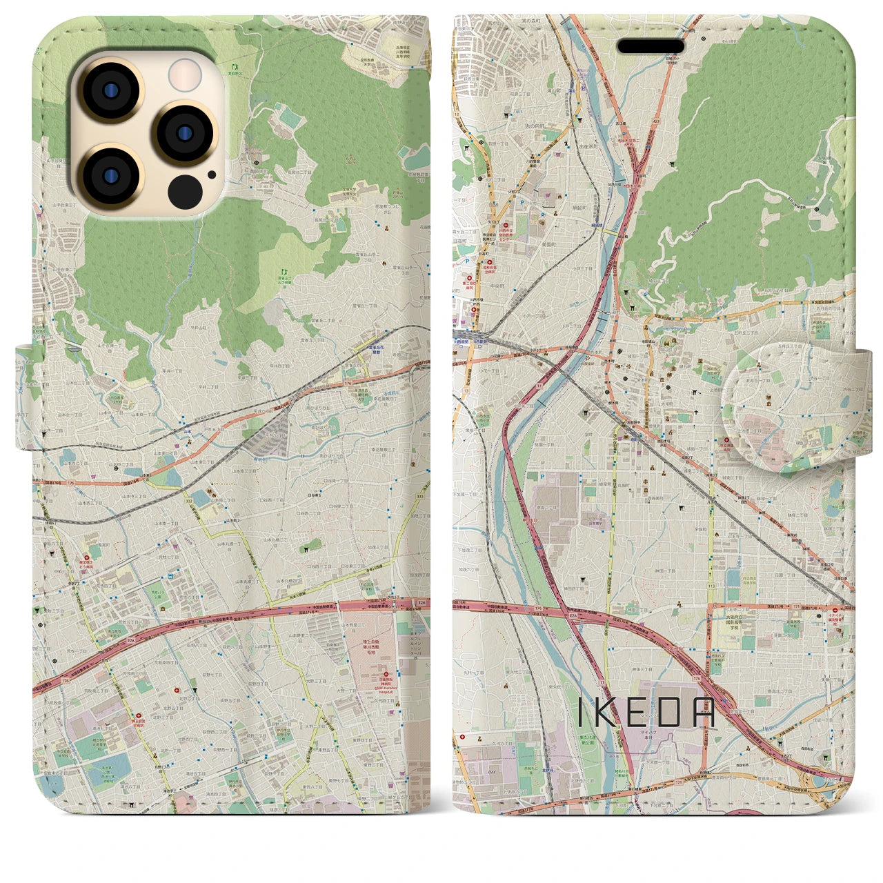 【池田（大阪府）】地図柄iPhoneケース（手帳タイプ）ナチュラル・iPhone 12 Pro Max 用