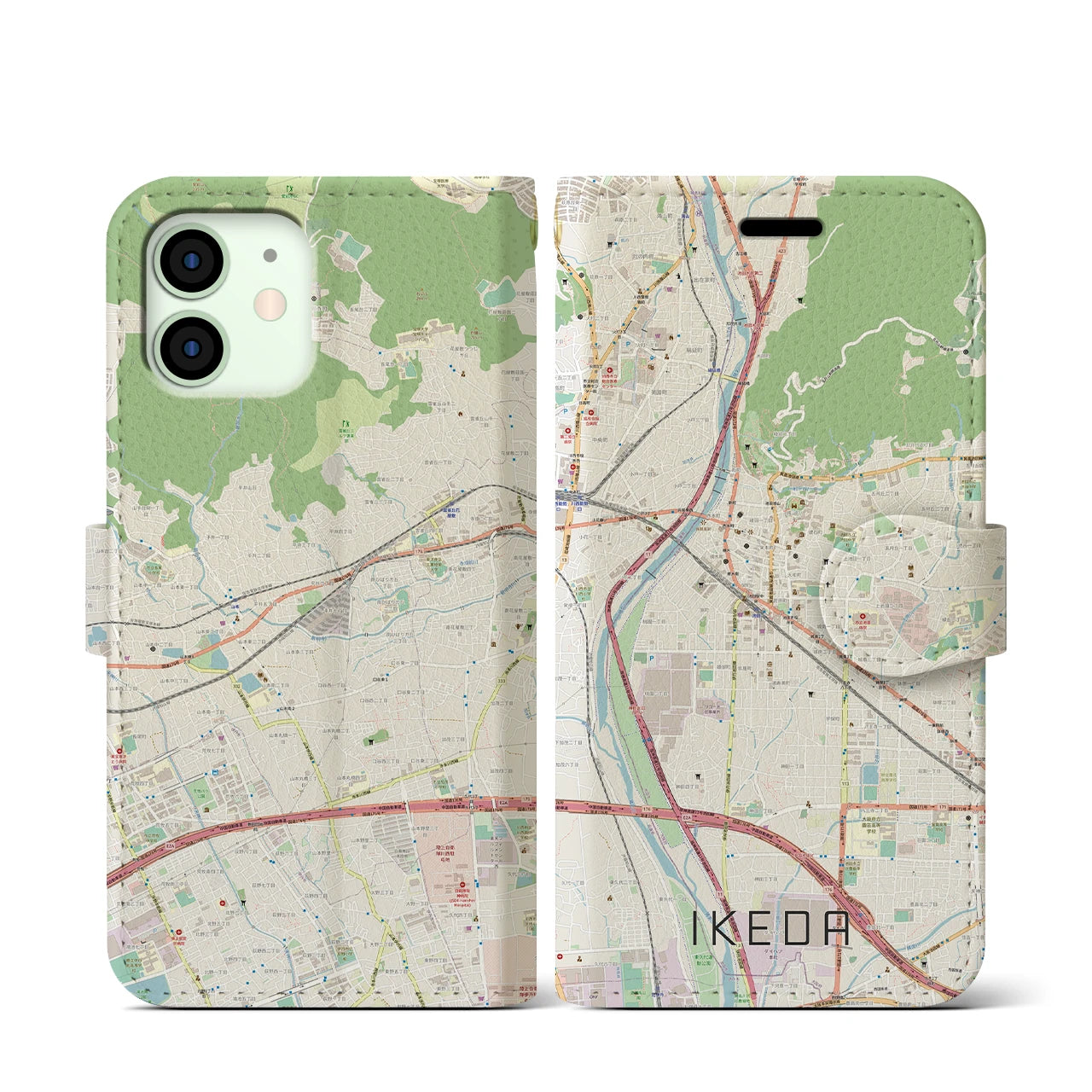 【池田（大阪府）】地図柄iPhoneケース（手帳タイプ）ナチュラル・iPhone 12 mini 用