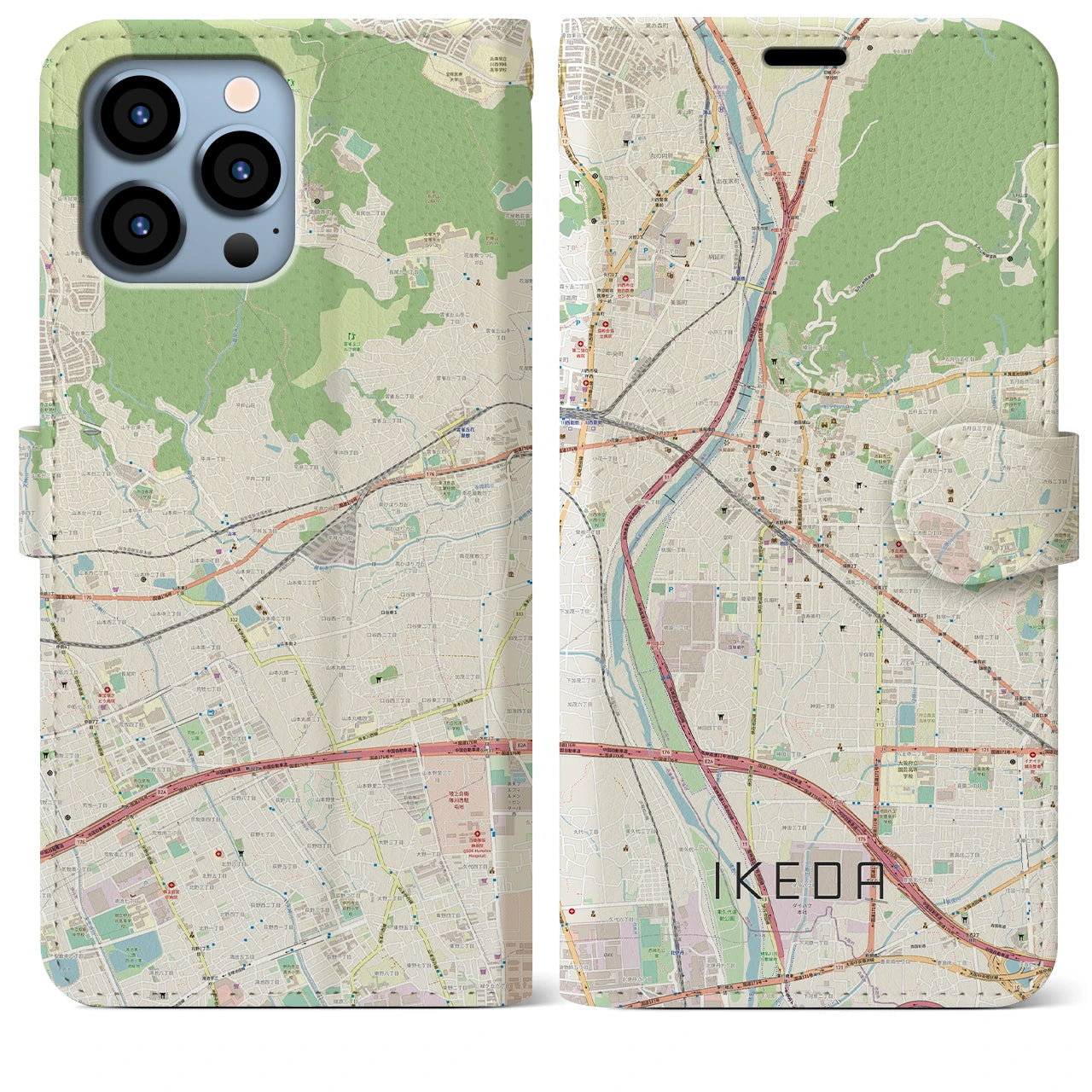 【池田（大阪府）】地図柄iPhoneケース（手帳タイプ）ナチュラル・iPhone 13 Pro Max 用