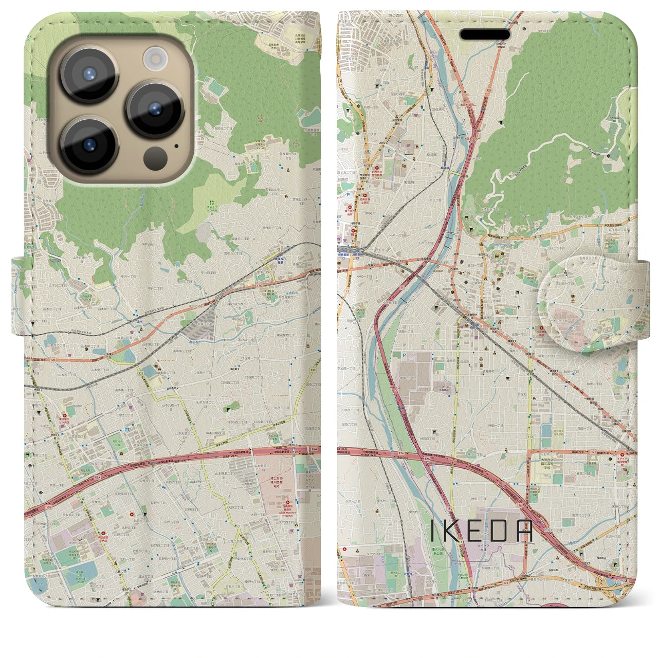 【池田（大阪府）】地図柄iPhoneケース（手帳タイプ）ナチュラル・iPhone 14 Pro Max 用