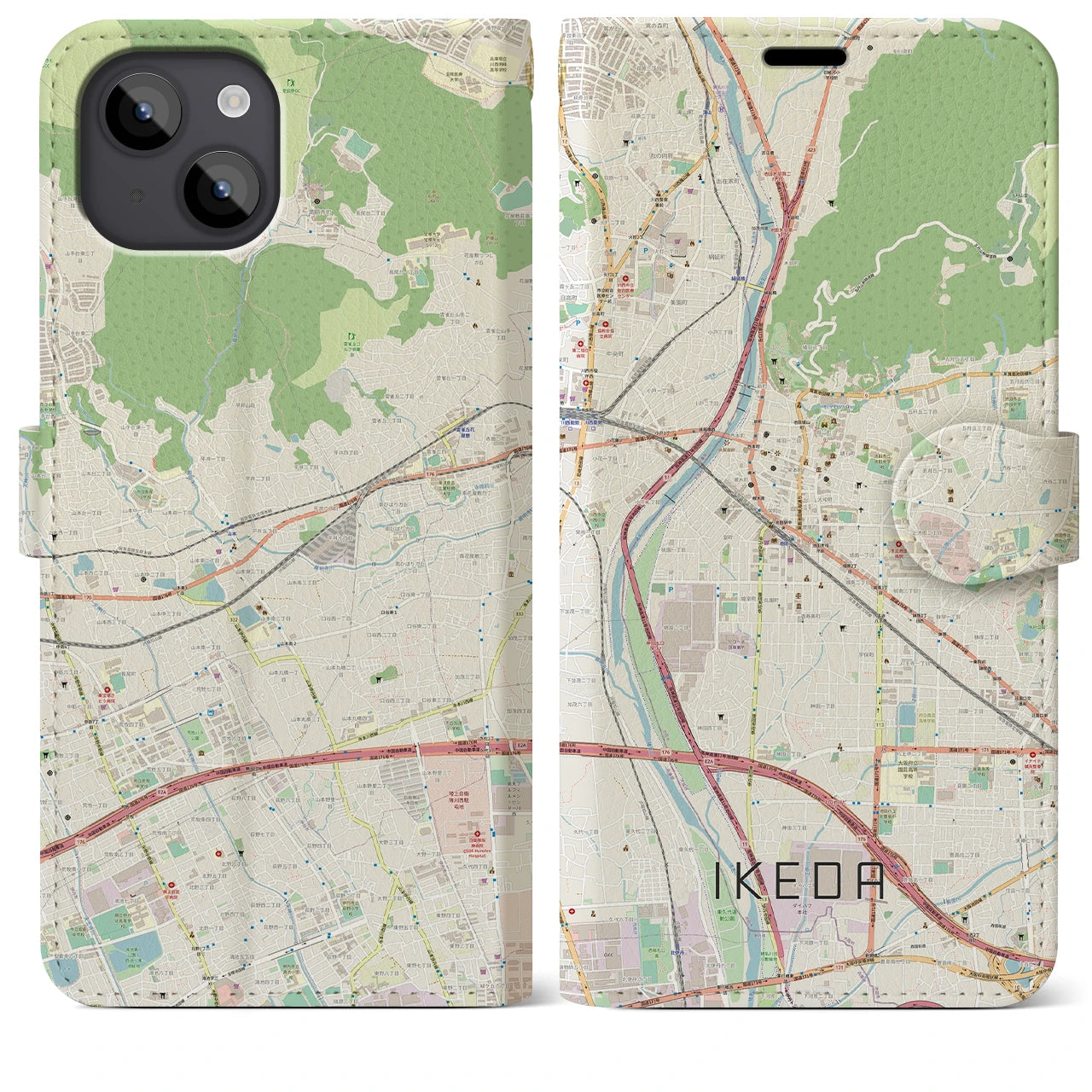 【池田（大阪府）】地図柄iPhoneケース（手帳タイプ）ナチュラル・iPhone 14 Plus 用