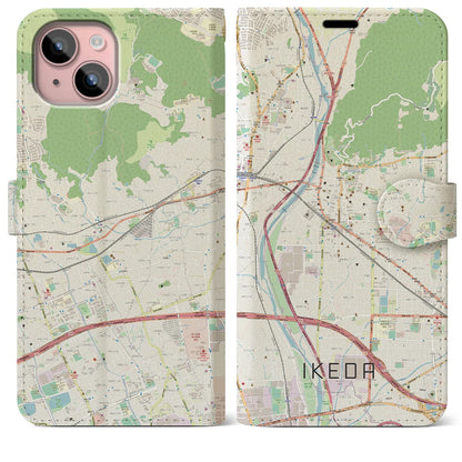 【池田（大阪府）】地図柄iPhoneケース（手帳タイプ）ナチュラル・iPhone 15 Plus 用