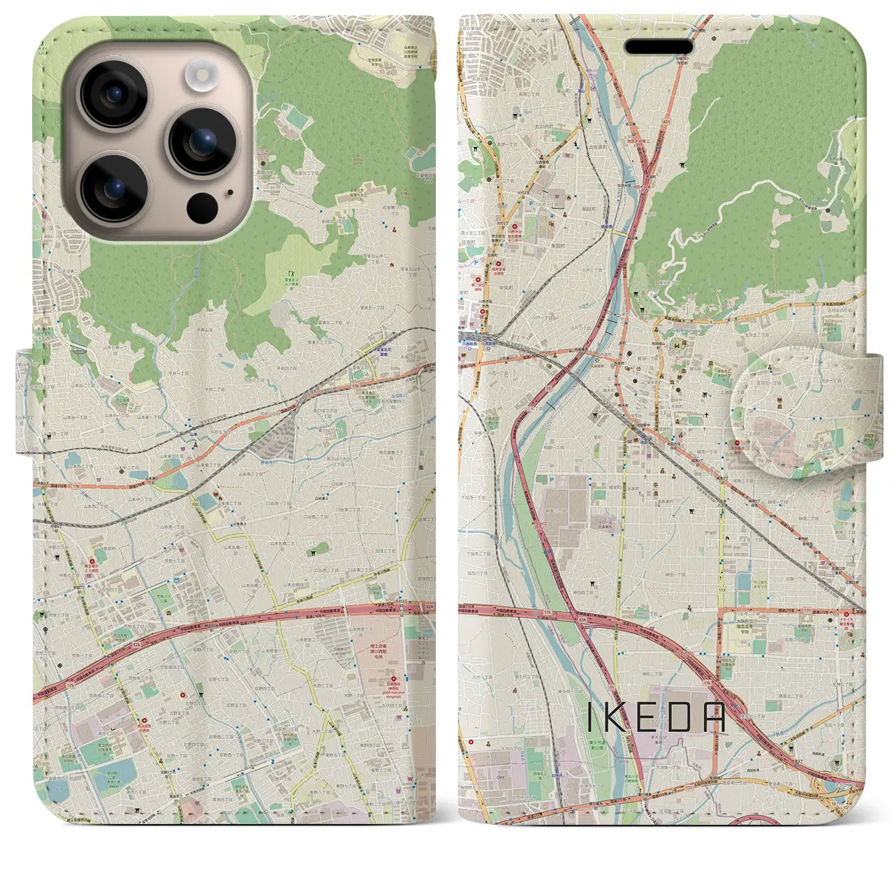 【池田（大阪府）】地図柄iPhoneケース（手帳タイプ）ナチュラル・iPhone 16 Plus 用