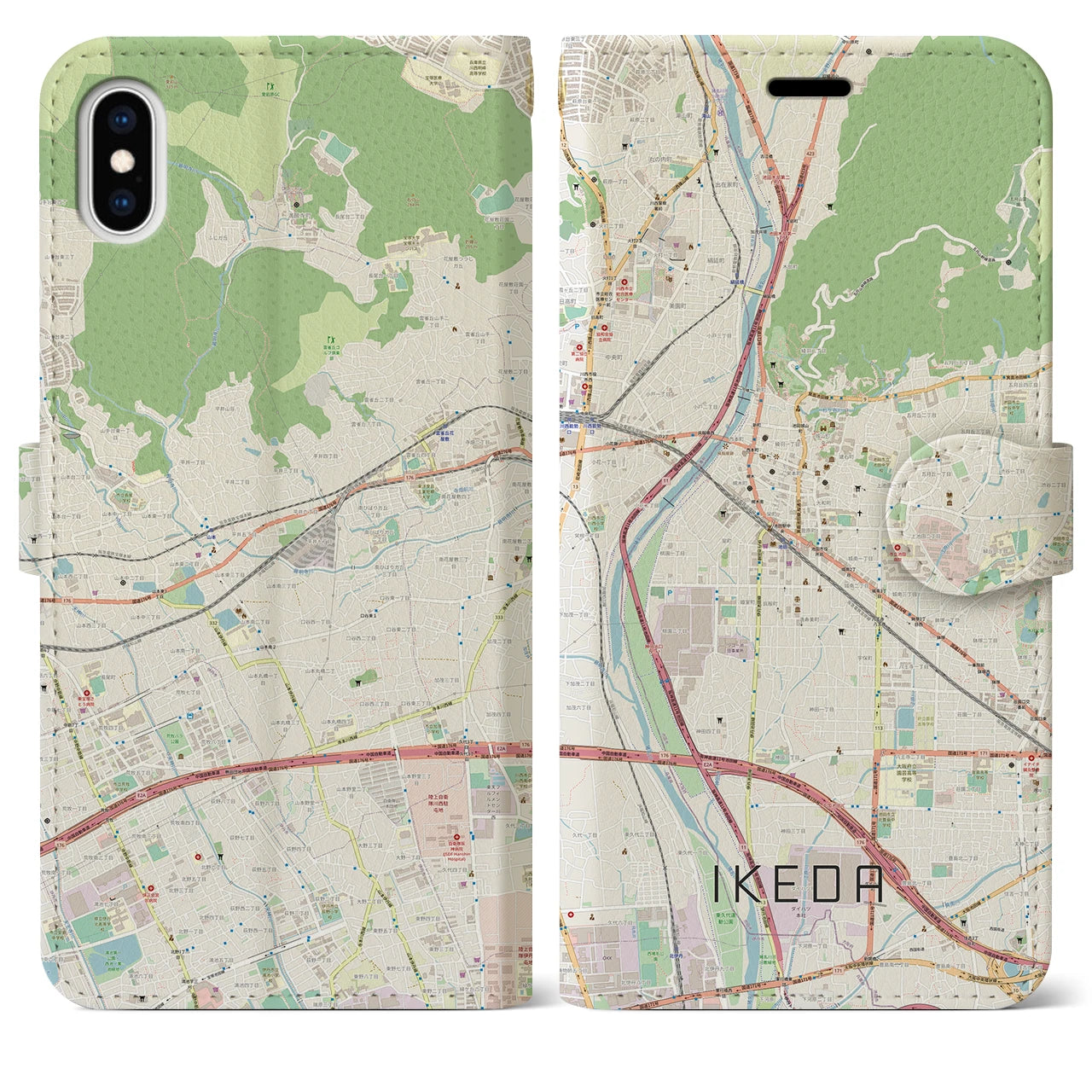 【池田（大阪府）】地図柄iPhoneケース（手帳タイプ）ナチュラル・iPhone XS Max 用