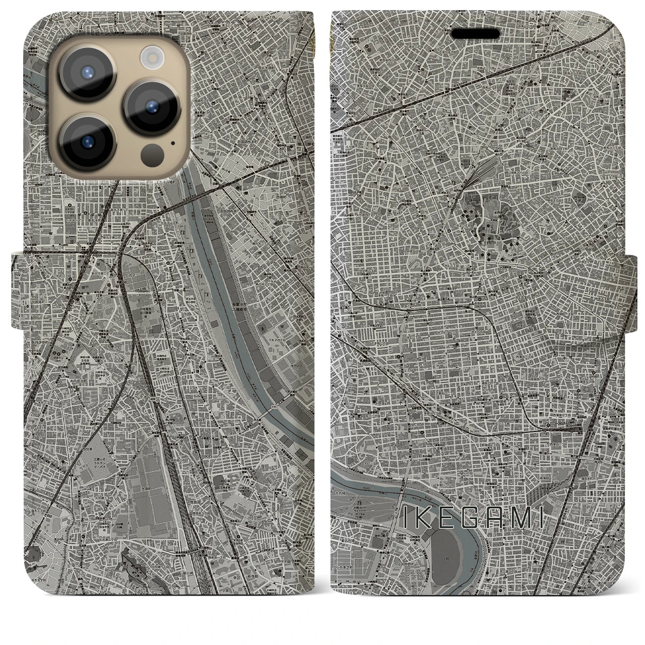 【池上】地図柄iPhoneケース（手帳両面タイプ・モノトーン）iPhone 14 Pro Max 用