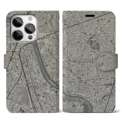 【池上（東京都）】地図柄iPhoneケース（手帳タイプ）モノトーン・iPhone 14 Pro 用