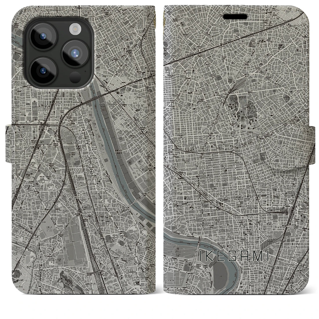 【池上】地図柄iPhoneケース（手帳両面タイプ・モノトーン）iPhone 15 Pro Max 用