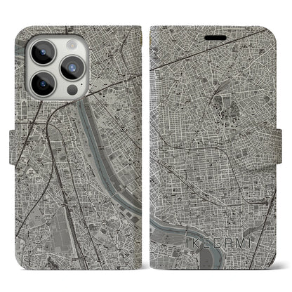 【池上（東京都）】地図柄iPhoneケース（手帳タイプ）モノトーン・iPhone 15 Pro 用