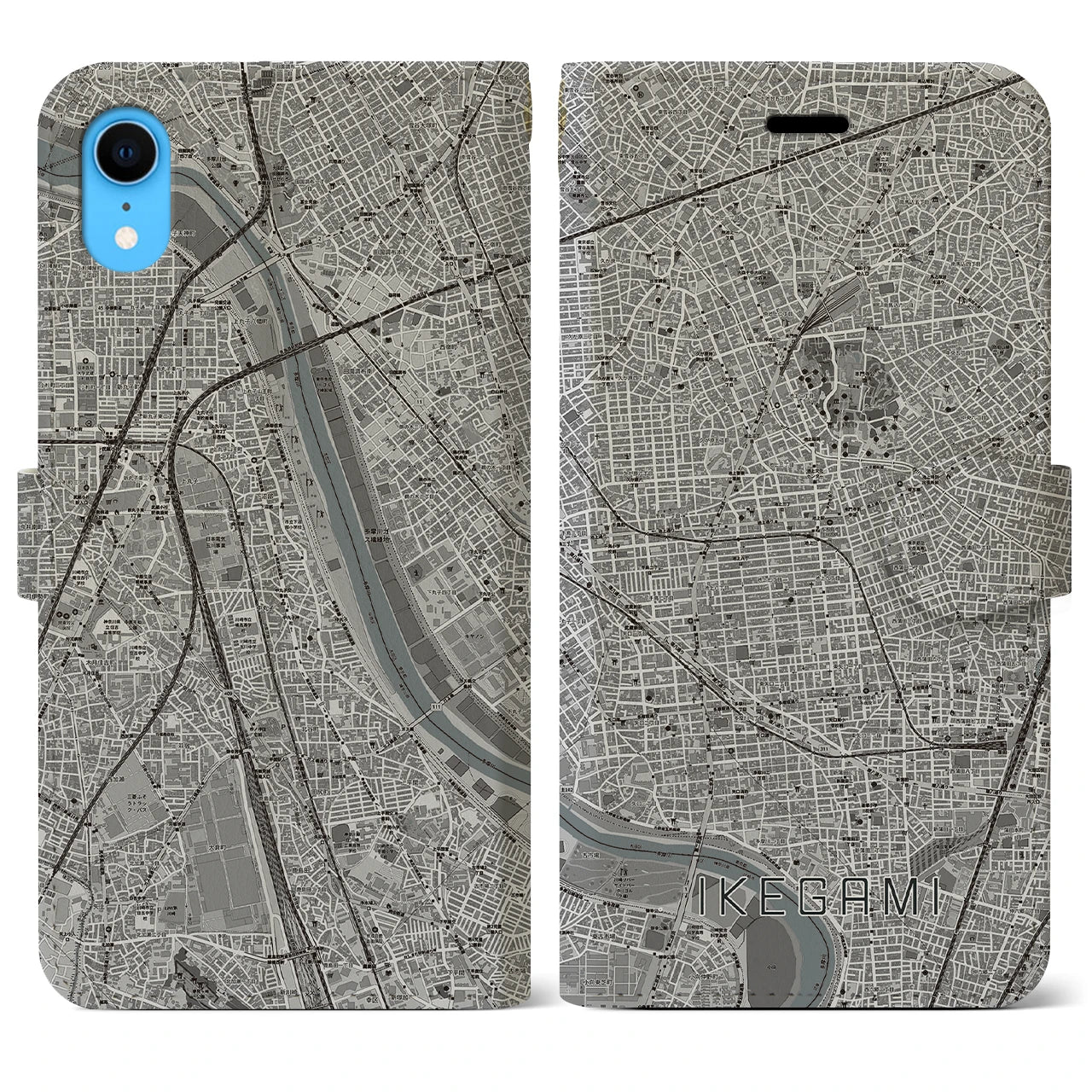【池上】地図柄iPhoneケース（手帳両面タイプ・モノトーン）iPhone XR 用