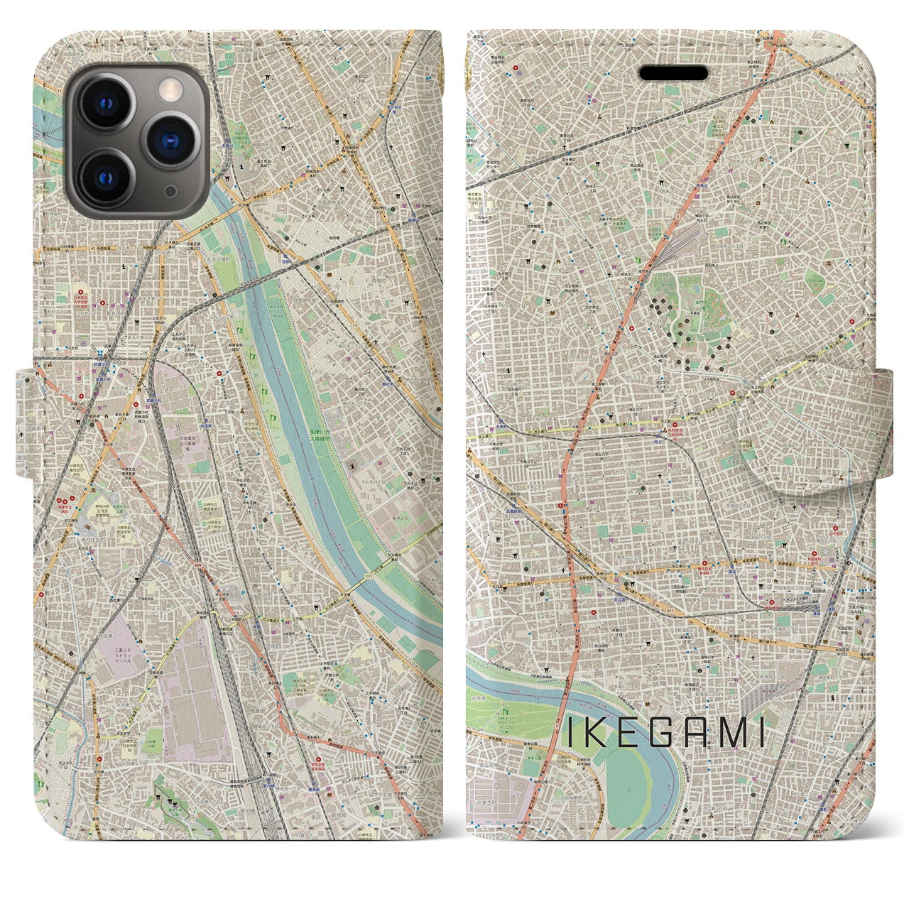 【池上（東京都）】地図柄iPhoneケース（手帳タイプ）ナチュラル・iPhone 11 Pro Max 用