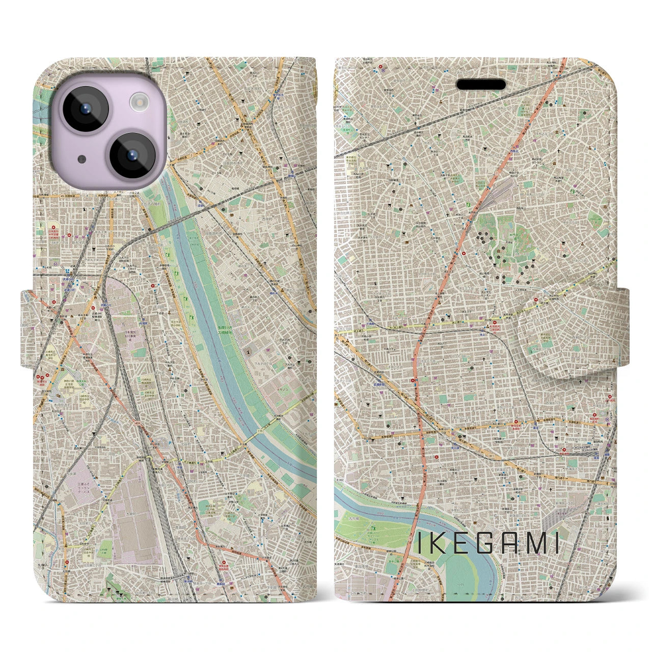 【池上（東京都）】地図柄iPhoneケース（手帳タイプ）ナチュラル・iPhone 14 用