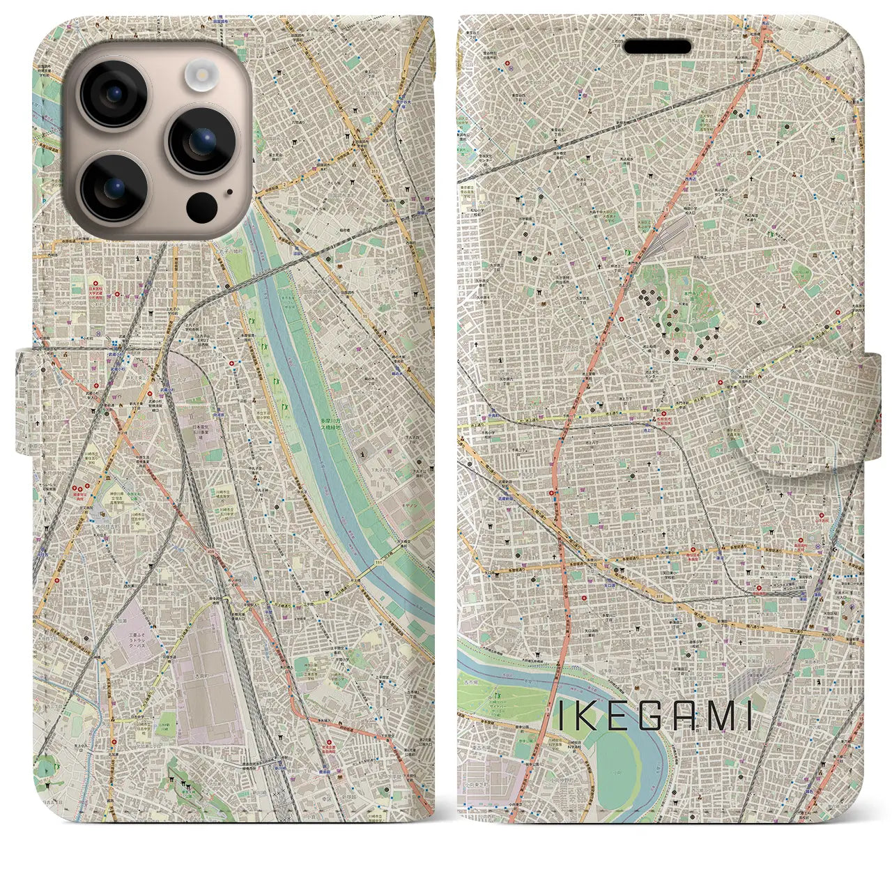 【池上（東京都）】地図柄iPhoneケース（手帳タイプ）ナチュラル・iPhone 16 Plus 用