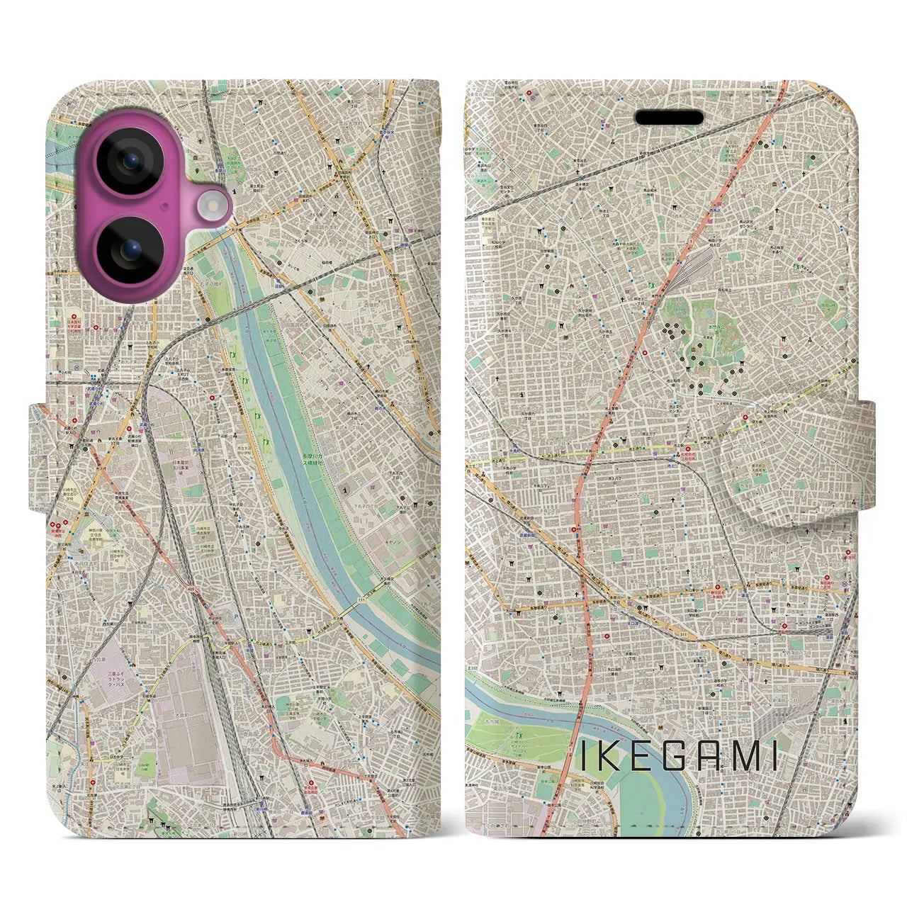 【池上（東京都）】地図柄iPhoneケース（手帳タイプ）ナチュラル・iPhone 16 Pro 用