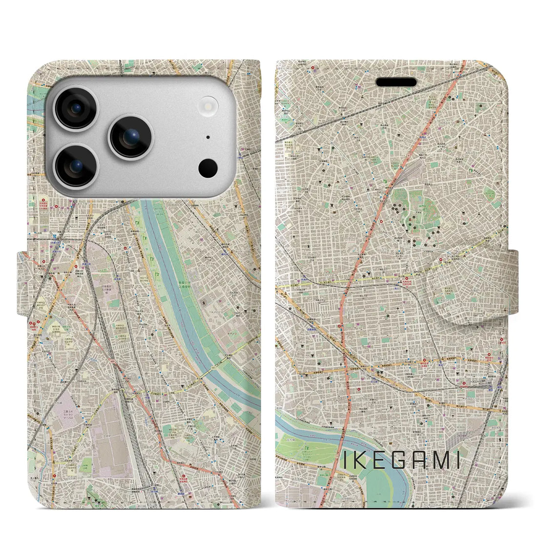 【池上（東京都）】地図柄iPhoneケース（手帳タイプ）モノトーン・iPhone 17 Pro Max 用