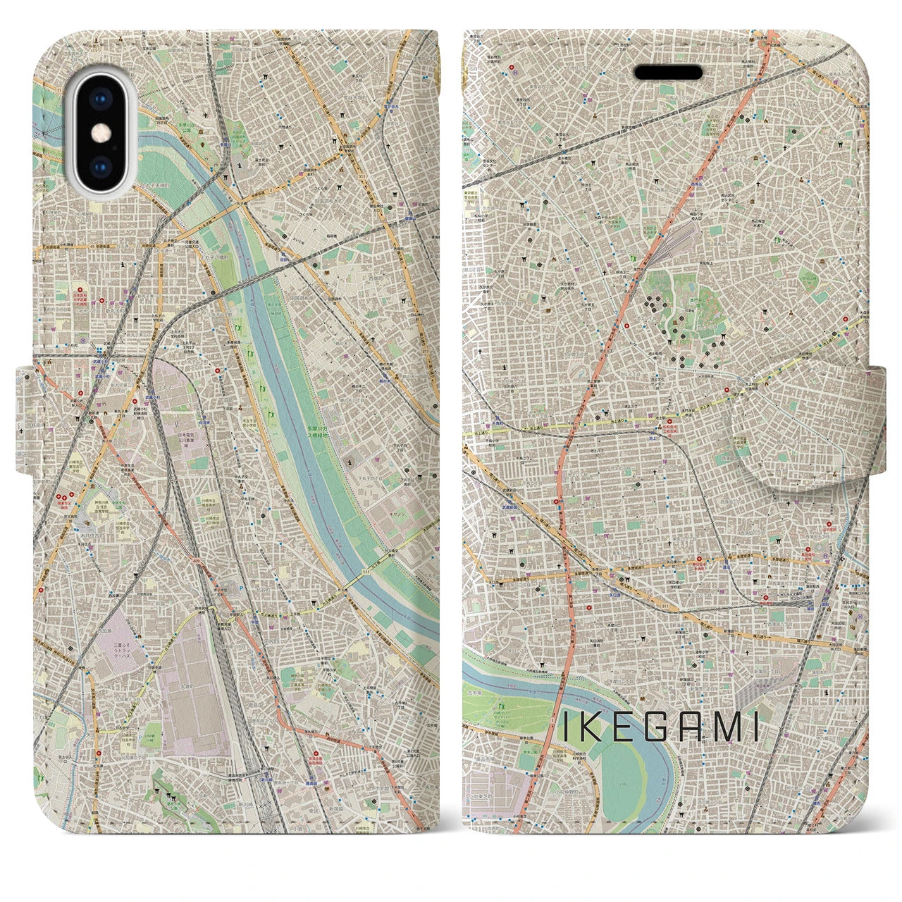 【池上（東京都）】地図柄iPhoneケース（手帳タイプ）ナチュラル・iPhone XS Max 用