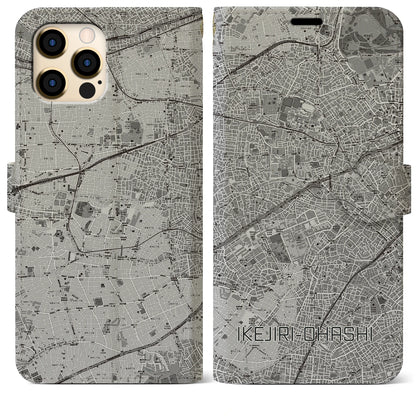 【池尻大橋（東京都）】地図柄iPhoneケース（手帳タイプ）モノトーン・iPhone 12 Pro Max 用