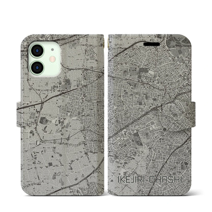 【池尻大橋（東京都）】地図柄iPhoneケース（手帳タイプ）モノトーン・iPhone 12 mini 用