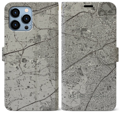 【池尻大橋（東京都）】地図柄iPhoneケース（手帳タイプ）モノトーン・iPhone 13 Pro Max 用