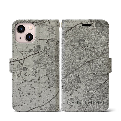 【池尻大橋（東京都）】地図柄iPhoneケース（手帳タイプ）モノトーン・iPhone 13 mini 用