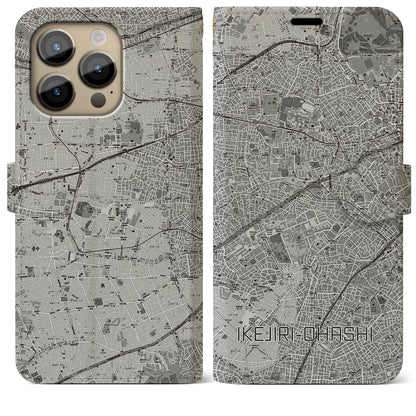 【池尻大橋（東京都）】地図柄iPhoneケース（手帳タイプ）モノトーン・iPhone 14 Pro Max 用