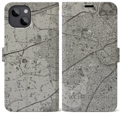 【池尻大橋（東京都）】地図柄iPhoneケース（手帳タイプ）モノトーン・iPhone 14 Plus 用