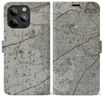 【池尻大橋（東京都）】地図柄iPhoneケース（手帳タイプ）モノトーン・iPhone 15 Pro Max 用