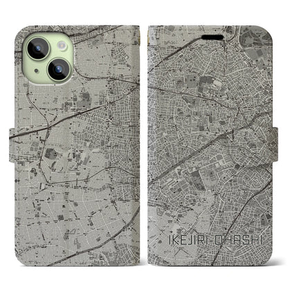 【池尻大橋（東京都）】地図柄iPhoneケース（手帳タイプ）モノトーン・iPhone 15 用