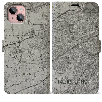 【池尻大橋（東京都）】地図柄iPhoneケース（手帳タイプ）モノトーン・iPhone 15 Plus 用