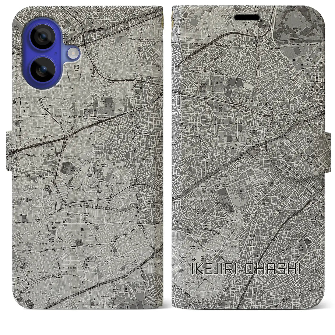 【池尻大橋(東京都)】地図柄iPhoneケース(手帳タイプ)モノトーン・iPhone 16 Pro Max 用