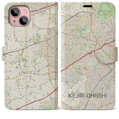 【池尻大橋（東京都）】地図柄iPhoneケース（手帳タイプ）ナチュラル・iPhone 15 Plus 用