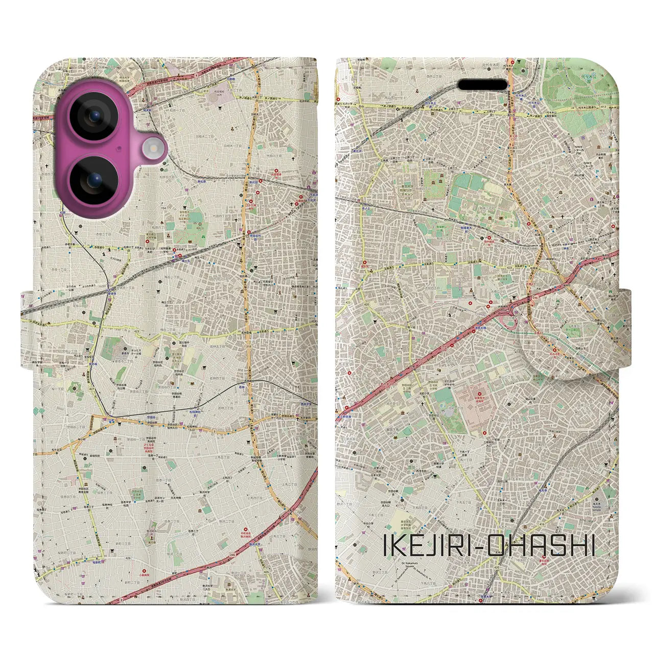 【池尻大橋（東京都）】地図柄iPhoneケース（手帳タイプ）ナチュラル・iPhone 16 Pro 用