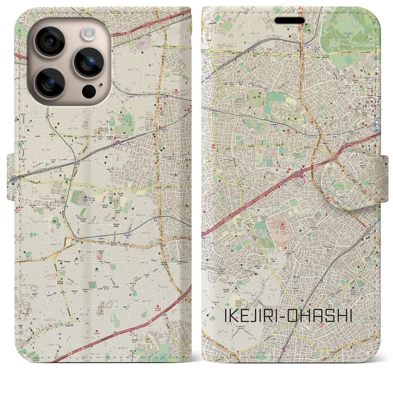 【池尻大橋（東京都）】地図柄iPhoneケース（手帳タイプ）ナチュラル・iPhone 16 Plus 用