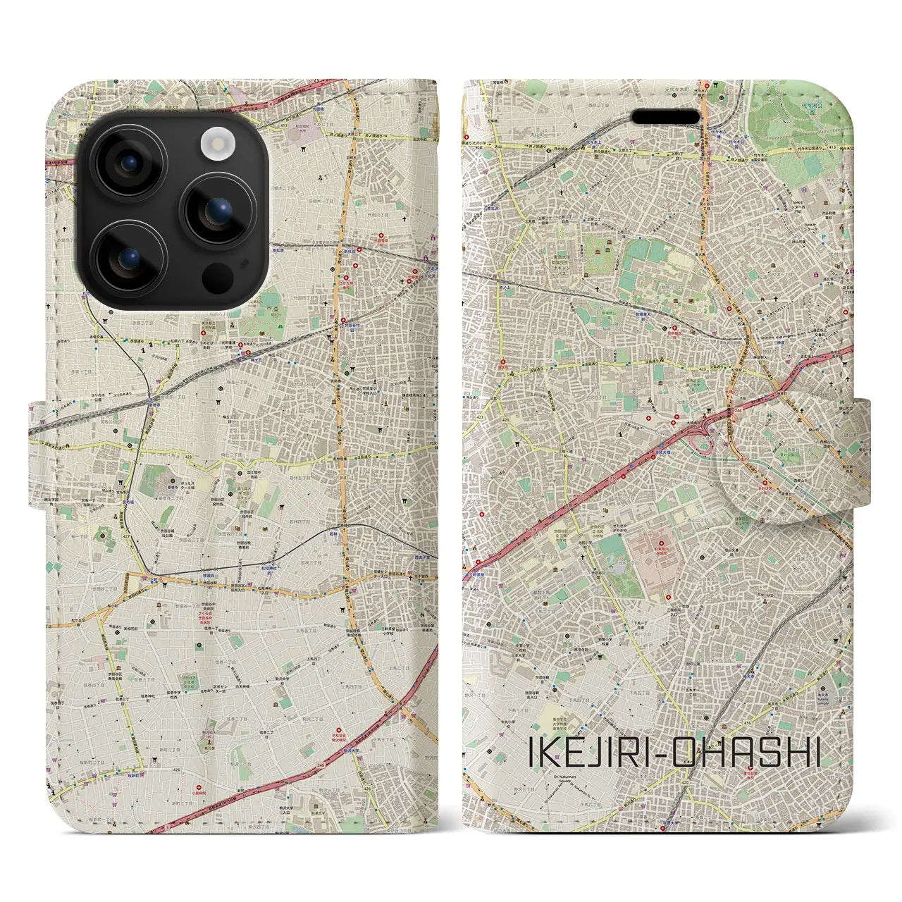 【池尻大橋（東京都）】地図柄iPhoneケース（手帳タイプ）ナチュラル・iPhone 16 用