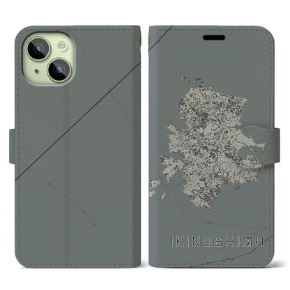 【壱岐島（長崎県）】地図柄iPhoneケース（手帳タイプ）モノトーン・iPhone 15 用