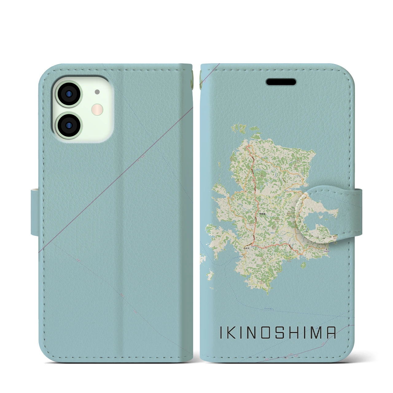 【壱岐島（長崎県）】地図柄iPhoneケース（手帳タイプ）ナチュラル・iPhone 12 mini 用