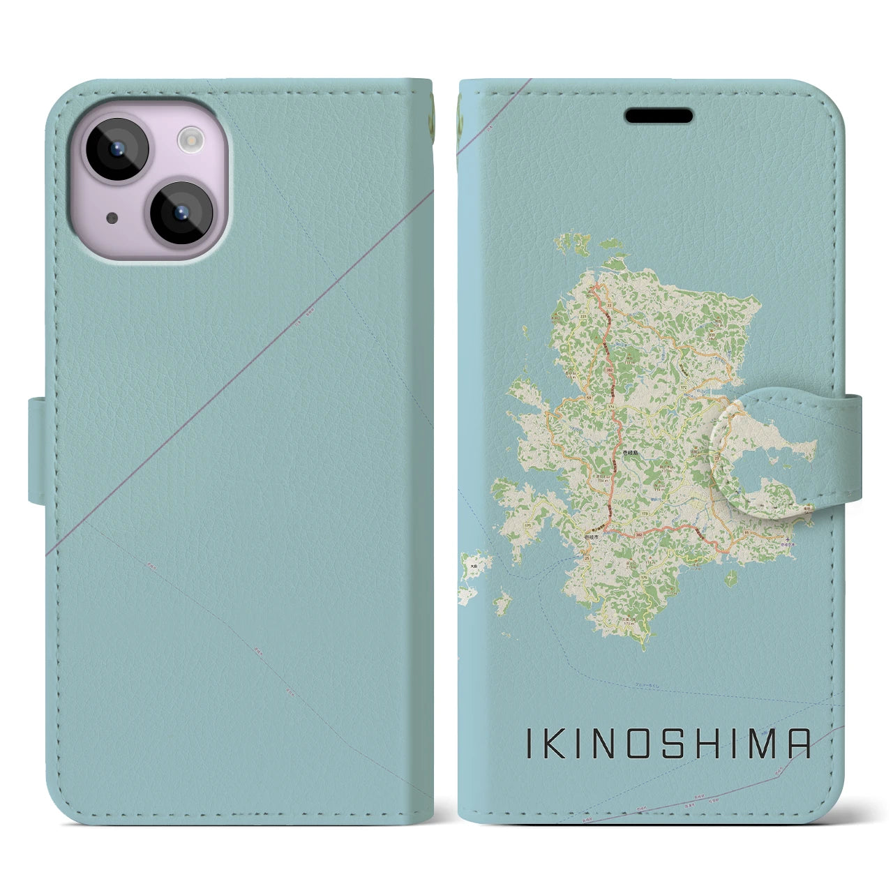 【壱岐島（長崎県）】地図柄iPhoneケース（手帳タイプ）ナチュラル・iPhone 14 用