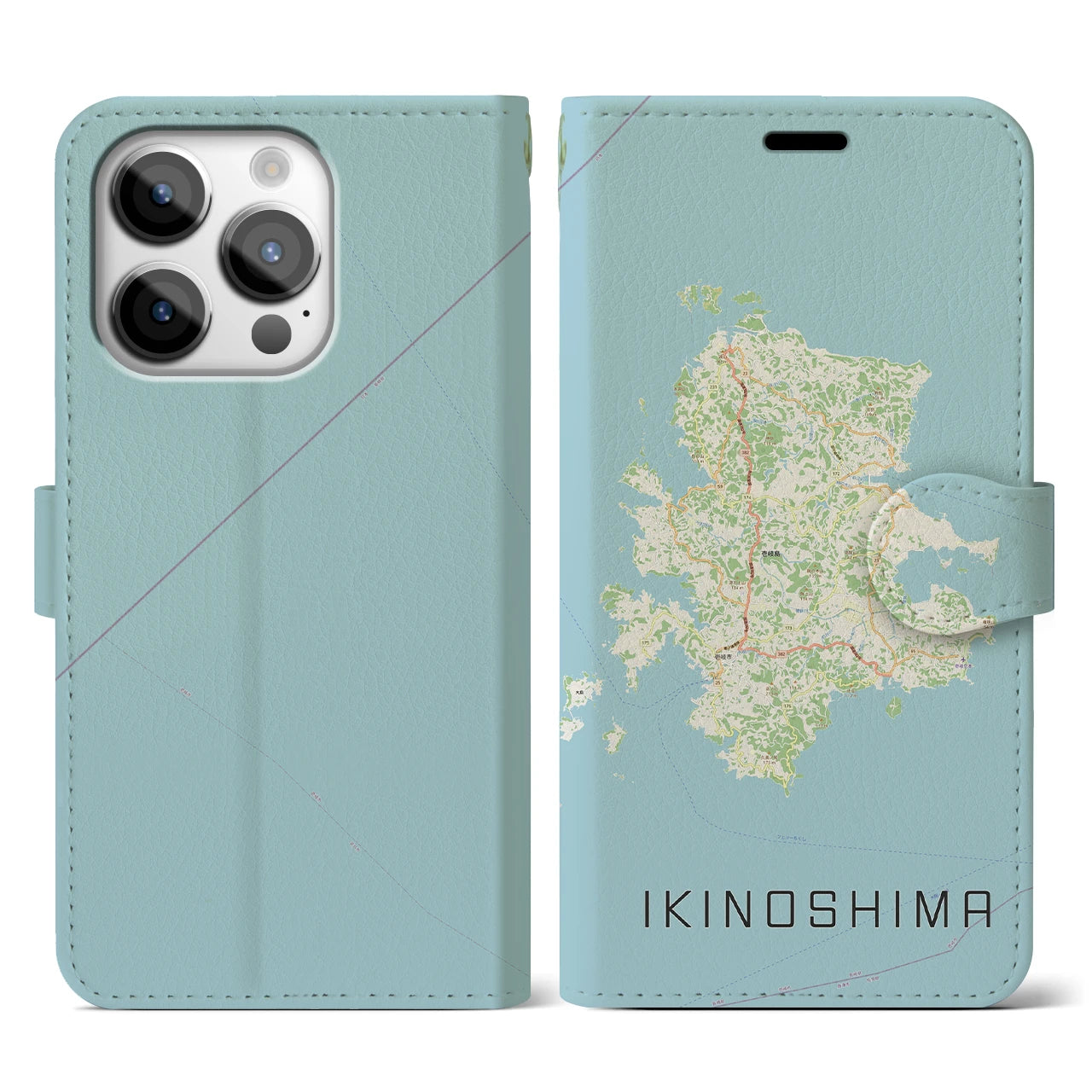 【壱岐島（長崎県）】地図柄iPhoneケース（手帳タイプ）ナチュラル・iPhone 14 Pro 用