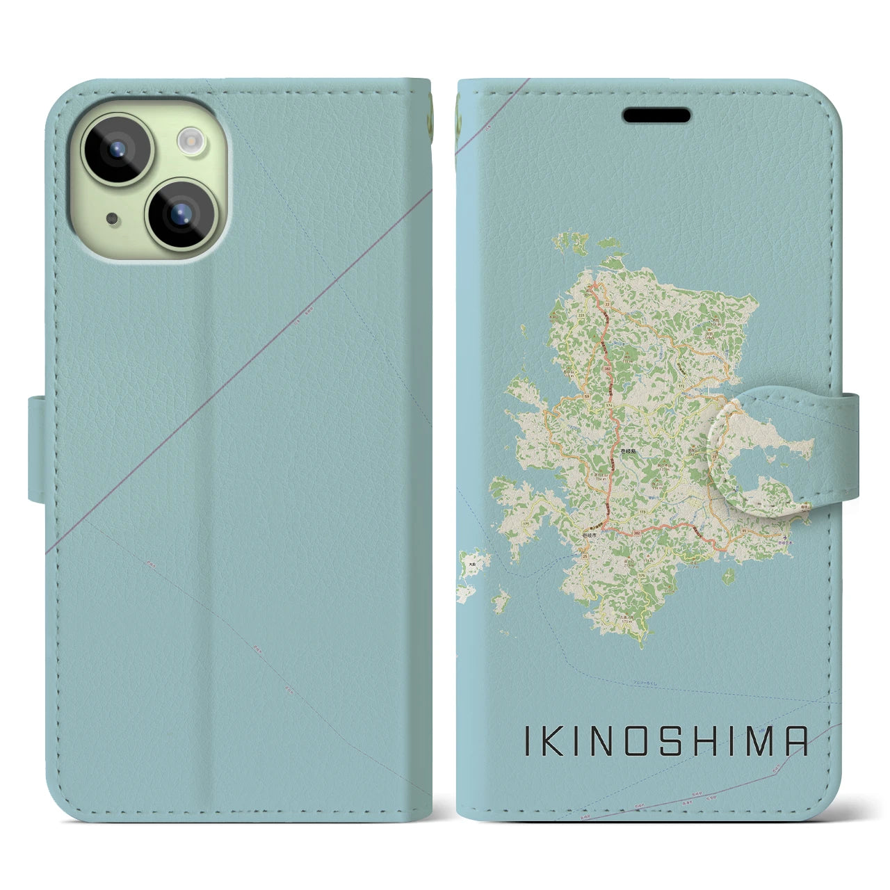 【壱岐島（長崎県）】地図柄iPhoneケース（手帳タイプ）ナチュラル・iPhone 15 用