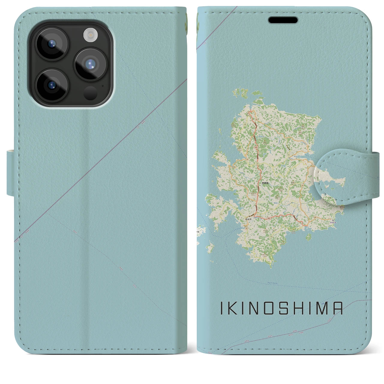 【壱岐島（長崎県）】地図柄iPhoneケース（手帳タイプ）ナチュラル・iPhone 15 Pro Max 用