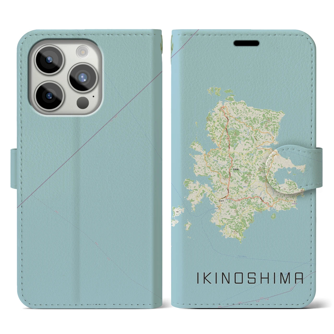 【壱岐島（長崎県）】地図柄iPhoneケース（手帳タイプ）ナチュラル・iPhone 15 Pro 用