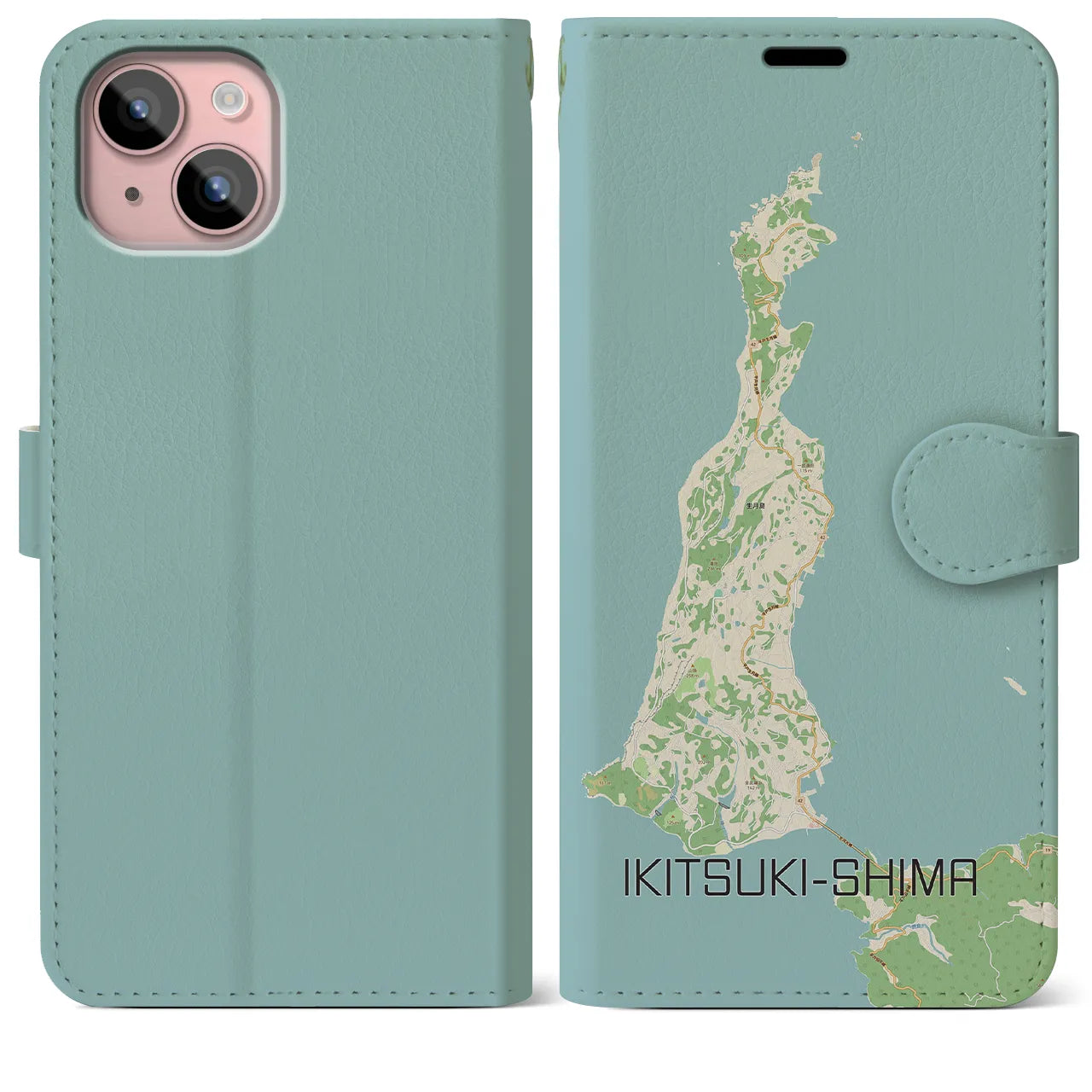 【生月島（長崎県）】地図柄iPhoneケース（手帳タイプ）ナチュラル・iPhone 15 Plus 用