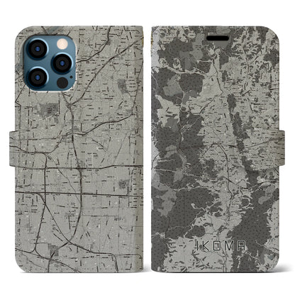 【生駒（奈良県）】地図柄iPhoneケース（手帳タイプ）モノトーン・iPhone 12 / 12 Pro 用