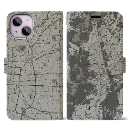 【生駒（奈良県）】地図柄iPhoneケース（手帳タイプ）モノトーン・iPhone 14 用