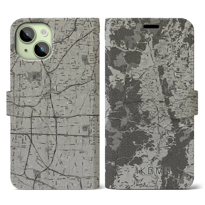 【生駒（奈良県）】地図柄iPhoneケース（手帳タイプ）モノトーン・iPhone 15 用