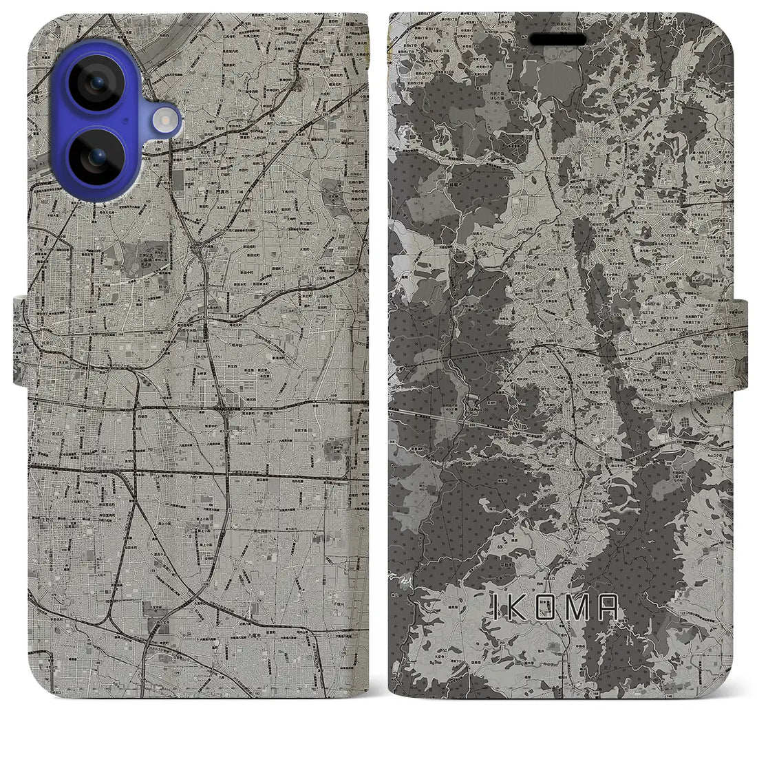 【生駒(奈良県)】地図柄iPhoneケース(手帳タイプ)モノトーン・iPhone 16 Pro Max 用
