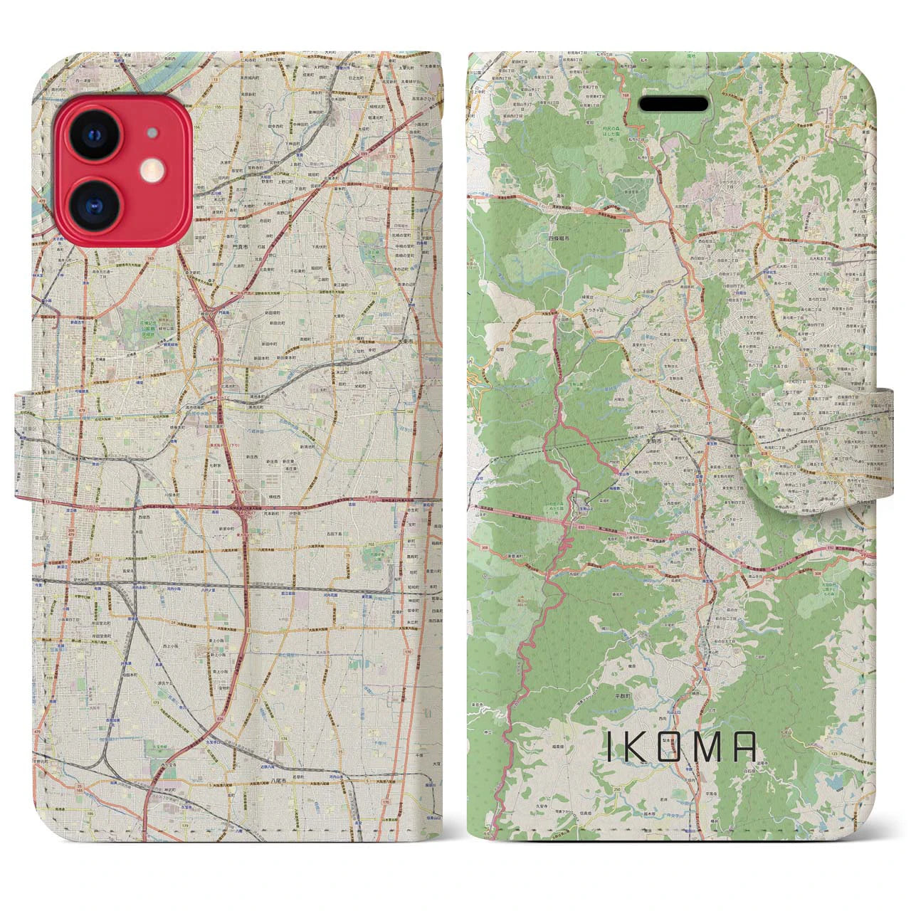 【生駒（奈良県）】地図柄iPhoneケース（手帳タイプ）ナチュラル・iPhone 11 用