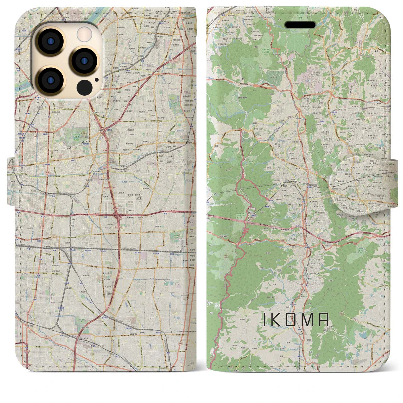 【生駒（奈良県）】地図柄iPhoneケース（手帳タイプ）ナチュラル・iPhone 12 Pro Max 用