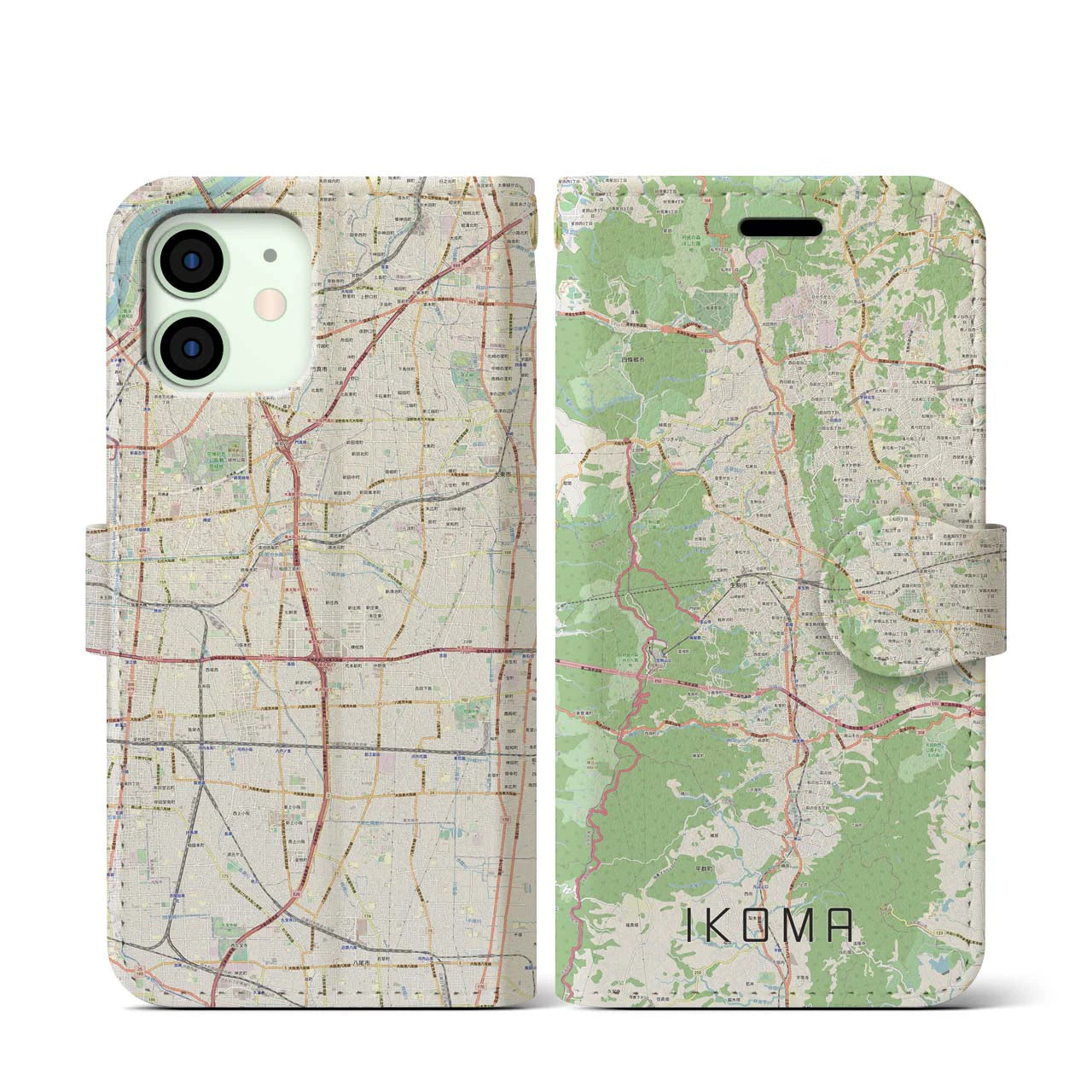 【生駒（奈良県）】地図柄iPhoneケース（手帳タイプ）ナチュラル・iPhone 12 mini 用